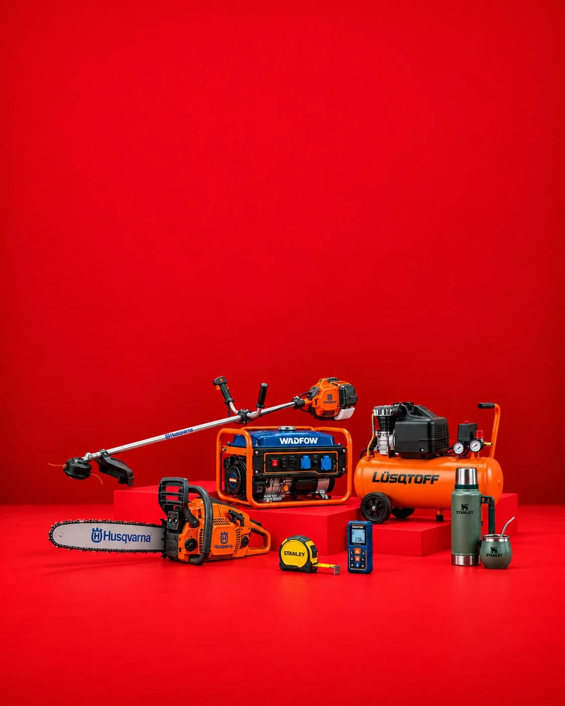 Motosierra, generador, desmalezadora, compresor, instrumentos de medición, termo y mate